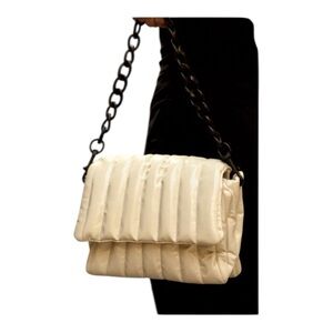 THINK ROLYN Bar Bag Ivory Patent Quilted Crossbody Chain Strap Quiet Luxury